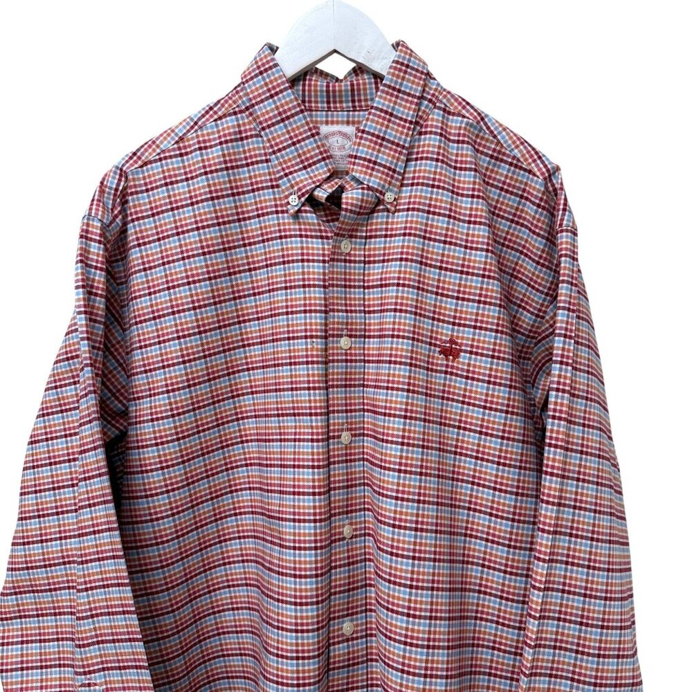 Brooks Brothers Supima Cotton Button Down Shirt Mens Large Red Check Long Sleeve